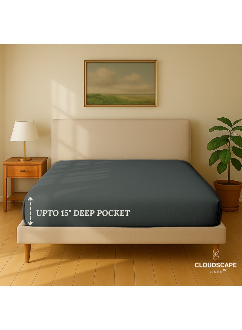 كلاود سكيب لينين Cloud Scape Linen 600 Thread Count Egyptian Cotton Fitted Sheet ( Super King, Charcoal) - Image 2