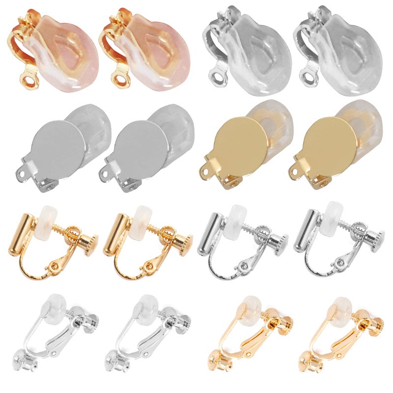 DIYEAR Golden Clip on Earring converters with Silicon Earring Pads 16pcs Hypoallergenic Round Flat Back Tray Earring Clips Easy Open Loop DIY Earring Making for Women Men Girls NonPierced Ears
