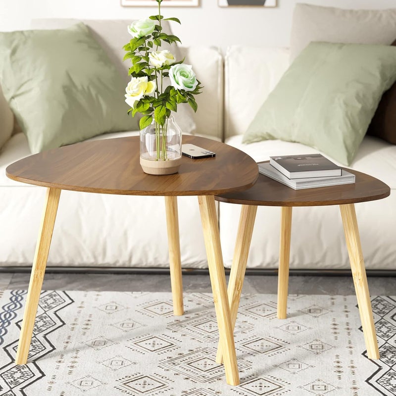 BAMEOS Bamboo Nesting Triangle End Table,Set of 2 Side Table Modern Minimalist Coffee Table for Living Room (Walunt) - Image 5