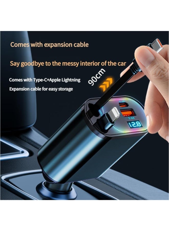 LumsAura 120W Car Charger – Aerospace Aluminum, Dual Retractable Type-C and L Cables, 4-Port Fast Charging with Smart LED Display, and Universal Compatibility (RGB-Black) - Image 4