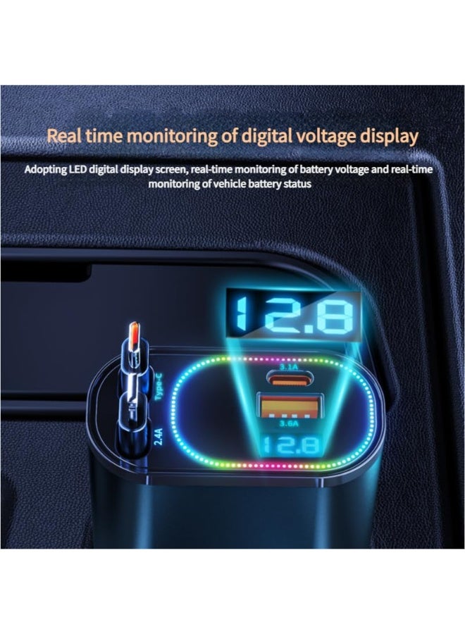 LumsAura 120W Car Charger – Aerospace Aluminum, Dual Retractable Type-C and L Cables, 4-Port Fast Charging with Smart LED Display, and Universal Compatibility (RGB-Black) - Image 5