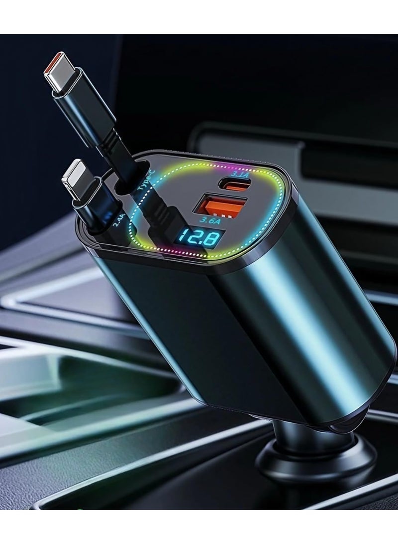 LumsAura 120W Car Charger – Aerospace Aluminum, Dual Retractable Type-C and L Cables, 4-Port Fast Charging with Smart LED Display, and Universal Compatibility (RGB-Black) - Image 1