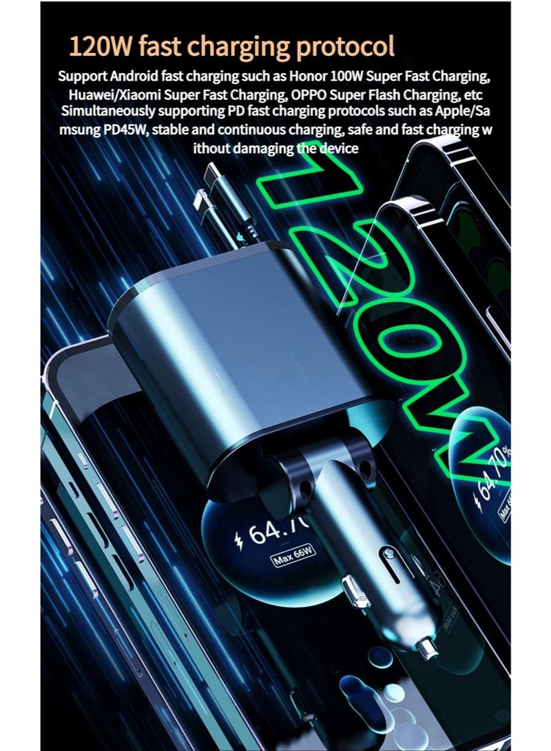 LumsAura 120W Car Charger – Aerospace Aluminum, Dual Retractable Type-C and L Cables, 4-Port Fast Charging with Smart LED Display, and Universal Compatibility (RGB-Black) - Image 2