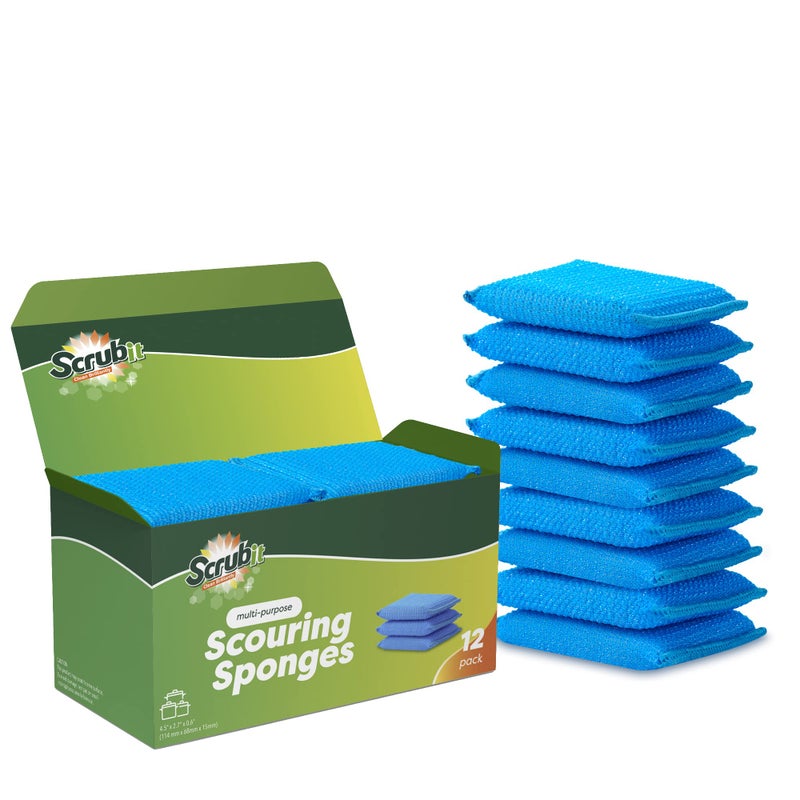 SCRUBIT MultiPurpose Dish Scrub Sponge Non Scratch Scouring Pads Cleaning Sponges for pots Dishes  NonStick Cookware  Pot Scrubber Sponges for Kitchen  Bathroom  12 Pack Dish Sponge  Blue