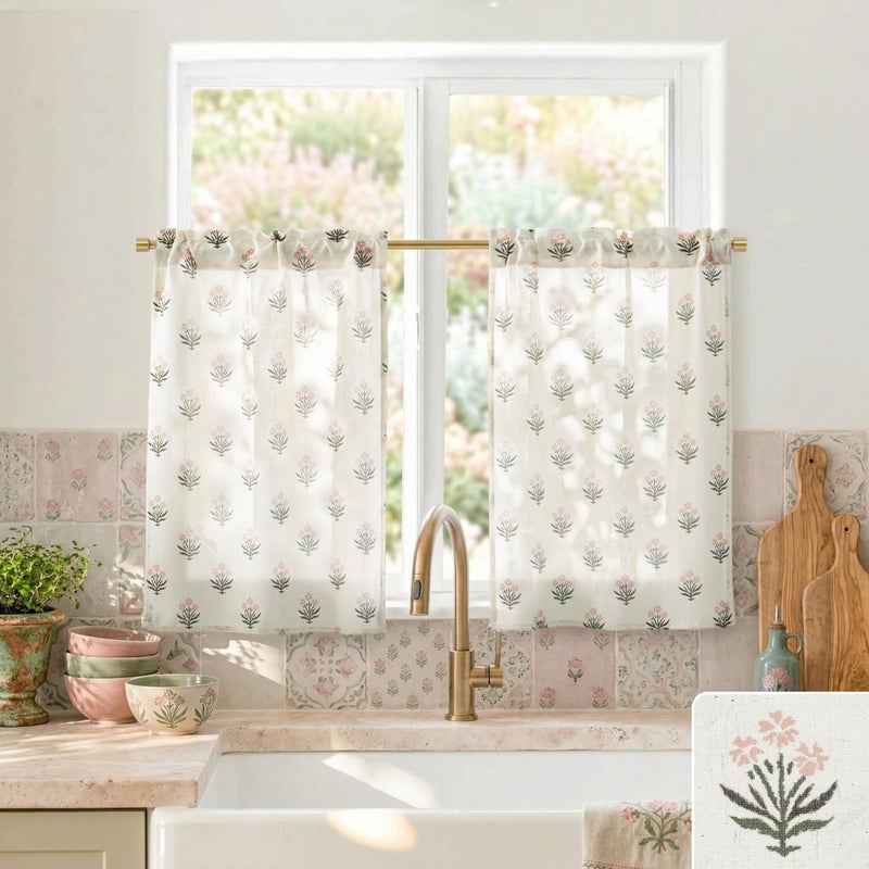 Lino Rosa Small Window Curtains for KitchenSheer Green and Pink Short Cafe Half Curtains for Nursery Girls Bedroom Baby Kids Room 2 Panel Sets - Image 2