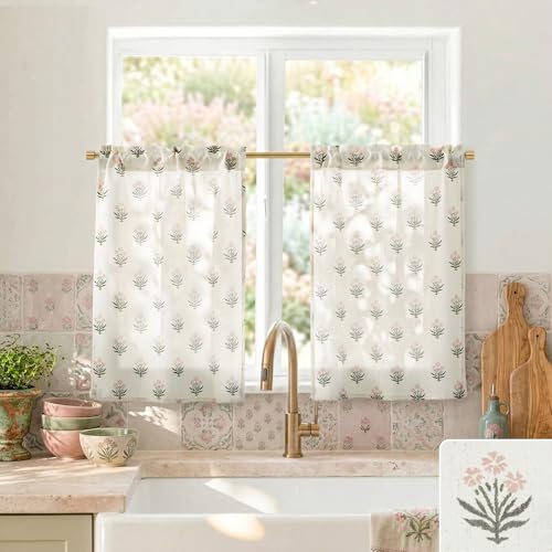 Lino Rosa Small Window Curtains for KitchenSheer Green and Pink Short Cafe Half Curtains for Nursery Girls Bedroom Baby Kids Room 2 Panel Sets - Image 1