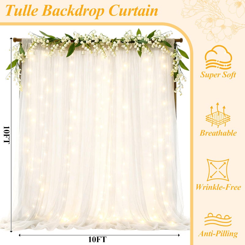 Ledido 10Ã—10ft White Tulle Backdrop Curtains with Lights String - 300LED Fairy Lights Sheer Curtain Backdrop for Wedding Baby Shower Photo Shoot Birthday Party Decoration(2 Panels 5Ã—10ft)ï¼ŒWhite - Image 2