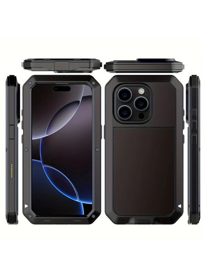 Heavy Duty Aluminum Metal Case For iPhone 16 Pro Max Black With Glass Screen Protector - Image 1