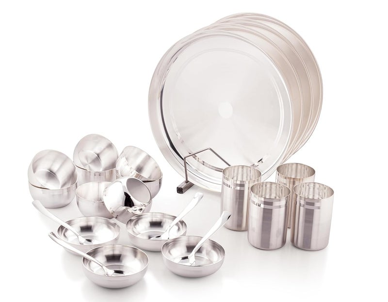 Silver Glow طقم عشاء عائلة آبل من سيلفروجلو من الفولاذ المقاوم للصدأ، طقم عشاء مطلي بالفضة لـ 4 أشخاص، طقم أدوات مائدة، هدية عودة زفاف ديوالي، طقم عشاء من الفولاذ، طقم عشاء من الفضة النقية، طقم عشاء فاخر أصلي - Image 1