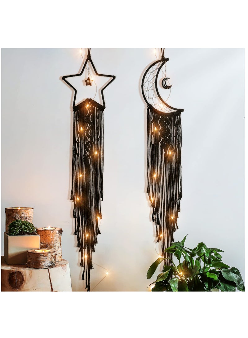 Handmade Moon Star Dream Catcher Kit with LED Lights for Kids Bedroom Wall Decor, 2Pcs Black Dreamcatcher Gift Set for Girls - Image 1