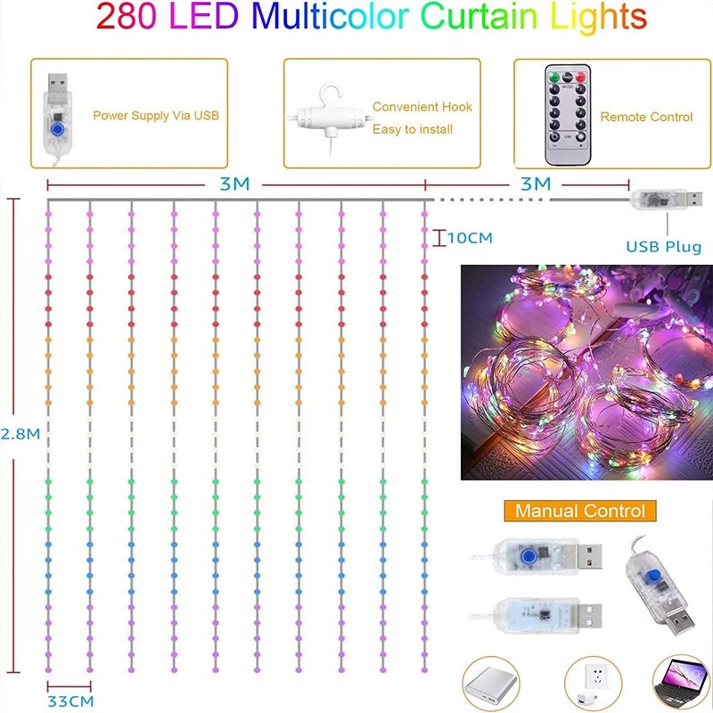 Gesto أضواء خيوط LED ستارة USB - 300 ضوء ملون RGB مع 8 أوضاع تحكم عن بعد، مقاوم للماء، للمنزل، الغرفة، الجدار، الشرفة، زينة عيد الميلاد، الزفاف وزينة ديوالي، أضواء خلفية (9.8x9.8 قدم) - Image 2