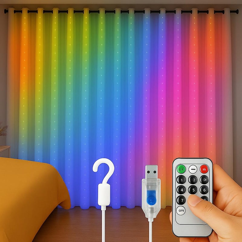 Gesto أضواء خيوط LED ستارة USB - 300 ضوء ملون RGB مع 8 أوضاع تحكم عن بعد، مقاوم للماء، للمنزل، الغرفة، الجدار، الشرفة، زينة عيد الميلاد، الزفاف وزينة ديوالي، أضواء خلفية (9.8x9.8 قدم) - Image 1