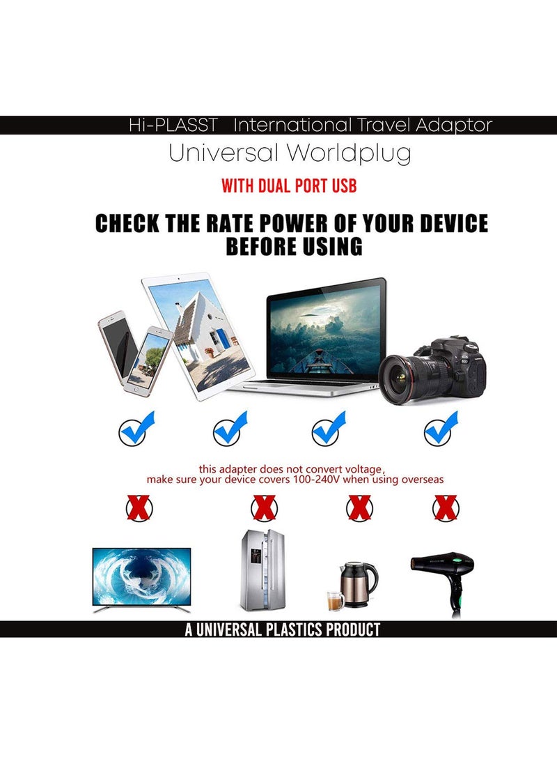 HI PLASST PINS N PLUGS HiPLASST International All in One Universal Travel Adapter EuropeUKUSChinaIndia Universal Worldwide Charger Plug for Phone Laptop Mobile 2 USB Universal Travel Adapter  - Image 3