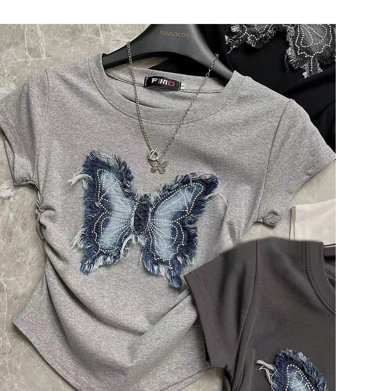 Butterfly pleated shoulder T-shirt summer new waist slim short-sleeved shirt women's elephant top gray chiffon shirt (gray S size)