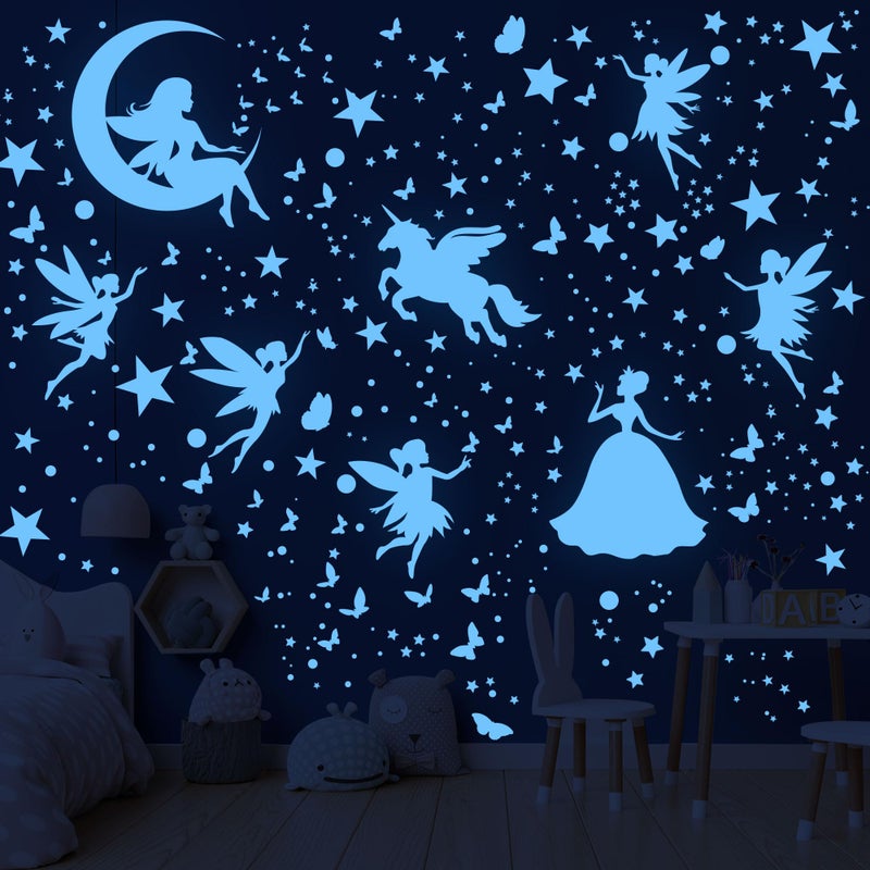 Huimdery Glow in the Dark Stars Unicorn Bedroom Decor for Girls - Fairy Butterfly Wall Decals, Space Galaxy Wall Stickers for Ceiling, Kids Nursery and Living Room Wall Decor - Image 1