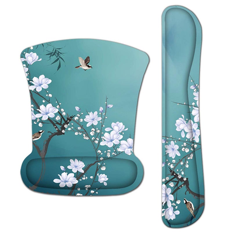 AORTDES Ergonomic Keyboard Mouse Pad Wrist Rest Support Set,Comfortable & Lightweight Memory Foam Computer/Gaming/Office Wrist Set for Easy Typing & Pain Relief (Birds & White Flowers) - Image 1