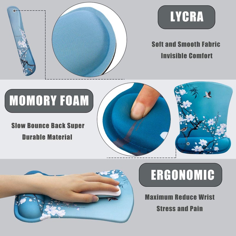 AORTDES Ergonomic Keyboard Mouse Pad Wrist Rest Support Set,Comfortable & Lightweight Memory Foam Computer/Gaming/Office Wrist Set for Easy Typing & Pain Relief (Birds & White Flowers) - Image 3