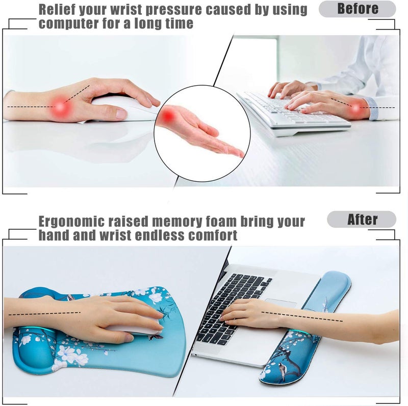 AORTDES Ergonomic Keyboard Mouse Pad Wrist Rest Support Set,Comfortable & Lightweight Memory Foam Computer/Gaming/Office Wrist Set for Easy Typing & Pain Relief (Birds & White Flowers) - Image 4
