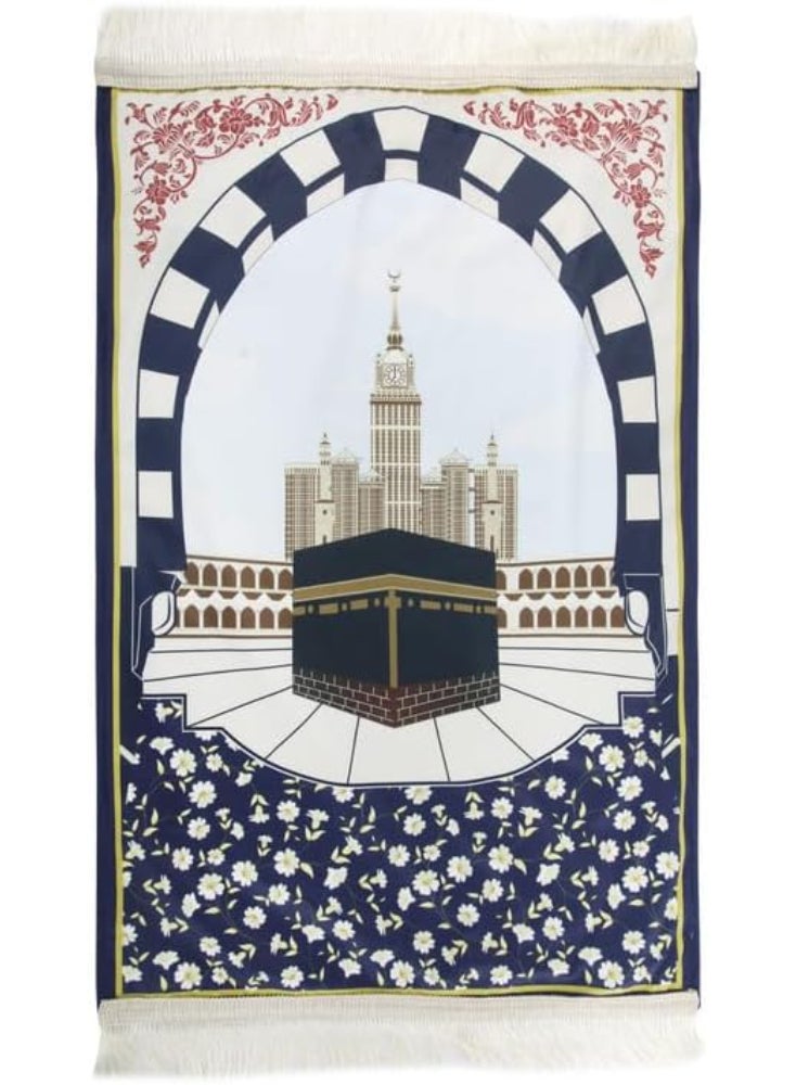 ماتكس سجادة صلاة مخملية مع حافظة سجاد، 68x117 سم - ازرق غامق و ابيض - Image 1