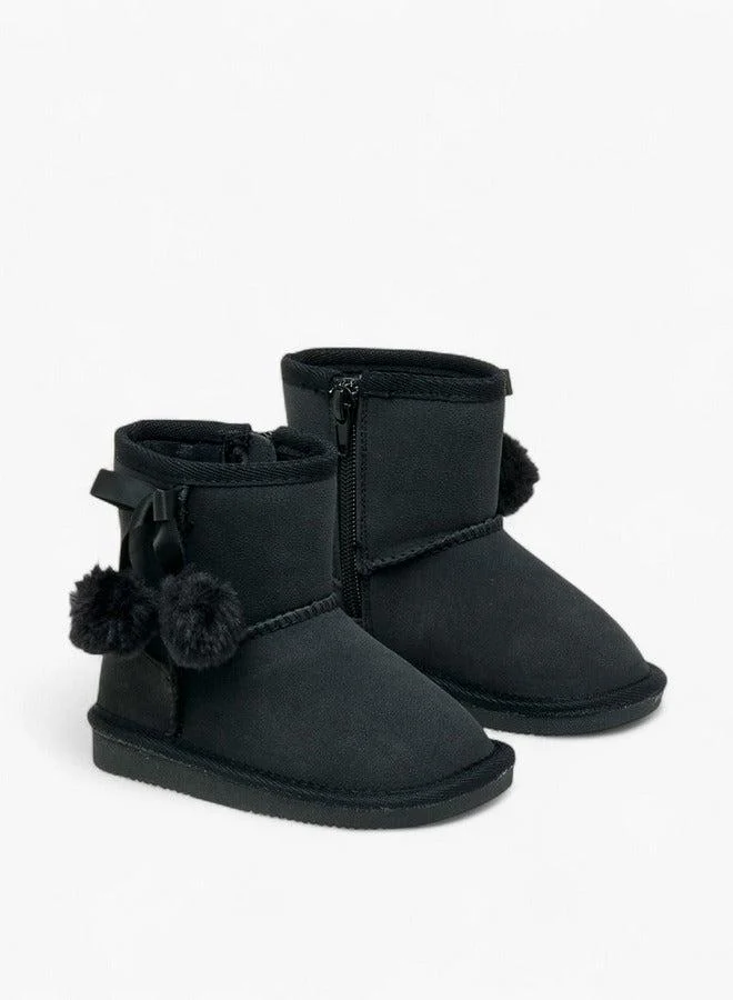 Flora Bella By Shoexpress BLACK Pom Pom Accent Ankle Boots with Zip Closure for Women | Best Price UAE