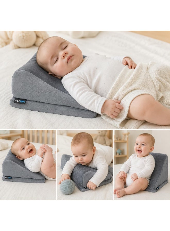 Plush Adjustable Baby Mini-Wedge Cushion - Elevated Support for Tummy Time and Sitting - Multipurpose Infant Propping Pillow with Soft Washable Cover - Grey - Image 3
