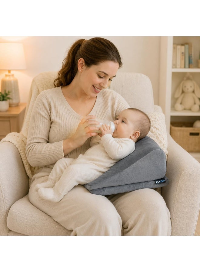 Plush Adjustable Baby Mini-Wedge Cushion - Elevated Support for Tummy Time and Sitting - Multipurpose Infant Propping Pillow with Soft Washable Cover - Grey - Image 2