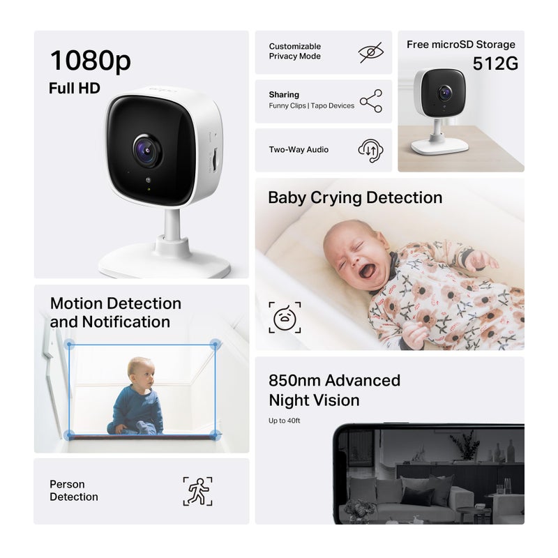 Tapo 1080P Indoor Wired Security Camera - Works as a Baby & Pet Monitor, Motion Detection, 2-Way Audio, Siren, Night Vision, Subscription-Free Local or Optional Cloud, Works with Alexa, C100(4-Pack) - Image 2