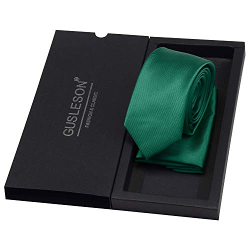 GUSLESON Forest Emerald Green Color Tie Slim Necktie and Handkerchief For Men Solid Skinny Ties Set (0754-28) - Image 3