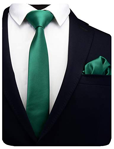 GUSLESON Forest Emerald Green Color Tie Slim Necktie and Handkerchief For Men Solid Skinny Ties Set (0754-28) - Image 1