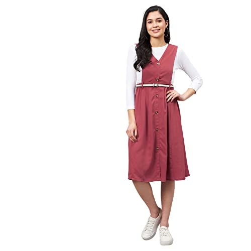 WineRed Women Pink Solid Pinafore Dress with Button - Image 1