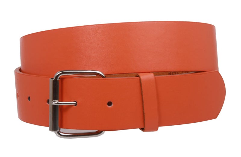 Beltiscool 1 1/2" (38mm) Snap On Plain Leather Jean Belt With Roller Buckle, Orange | s (29-31" waist) - Image 1
