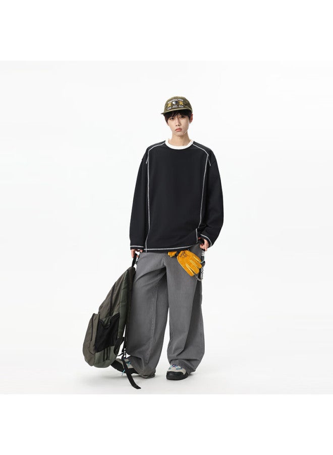 Izexx Colorblock Patchwork Long Sleeve Sweatshirt Men Autumn Winter Loose Casual Pullover Zhz79 Black 2XL - Image 5