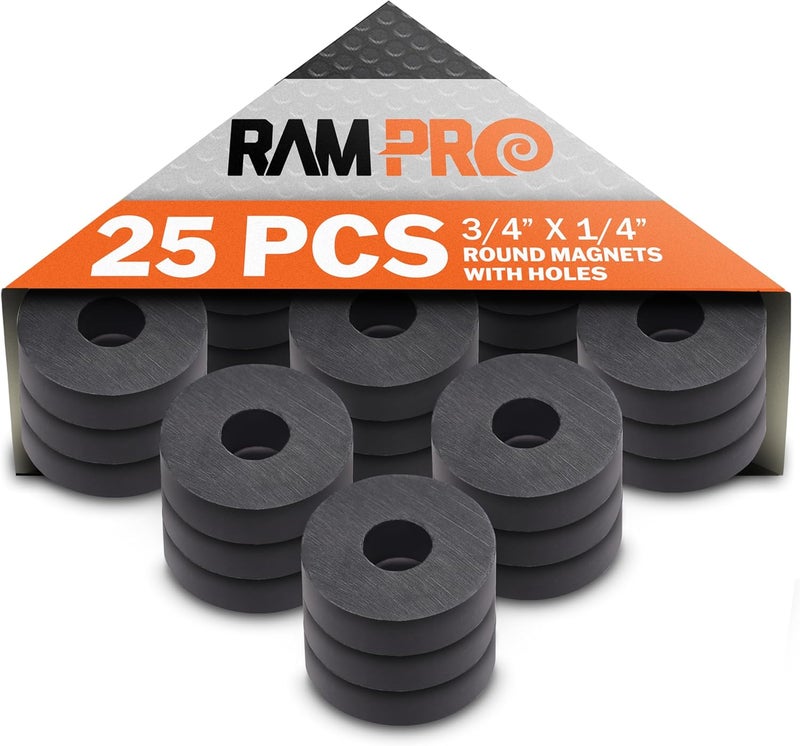 RAM-PRO 25-Piece Powerful Magnetic Round Ferrite Magnet Discs with ¼” Dia. Holes (3/4" x 1/4") – Universal Use on Frigidaire’s, Bulletin Boards & Arts-Crafts Projects, Etc. - Image 1