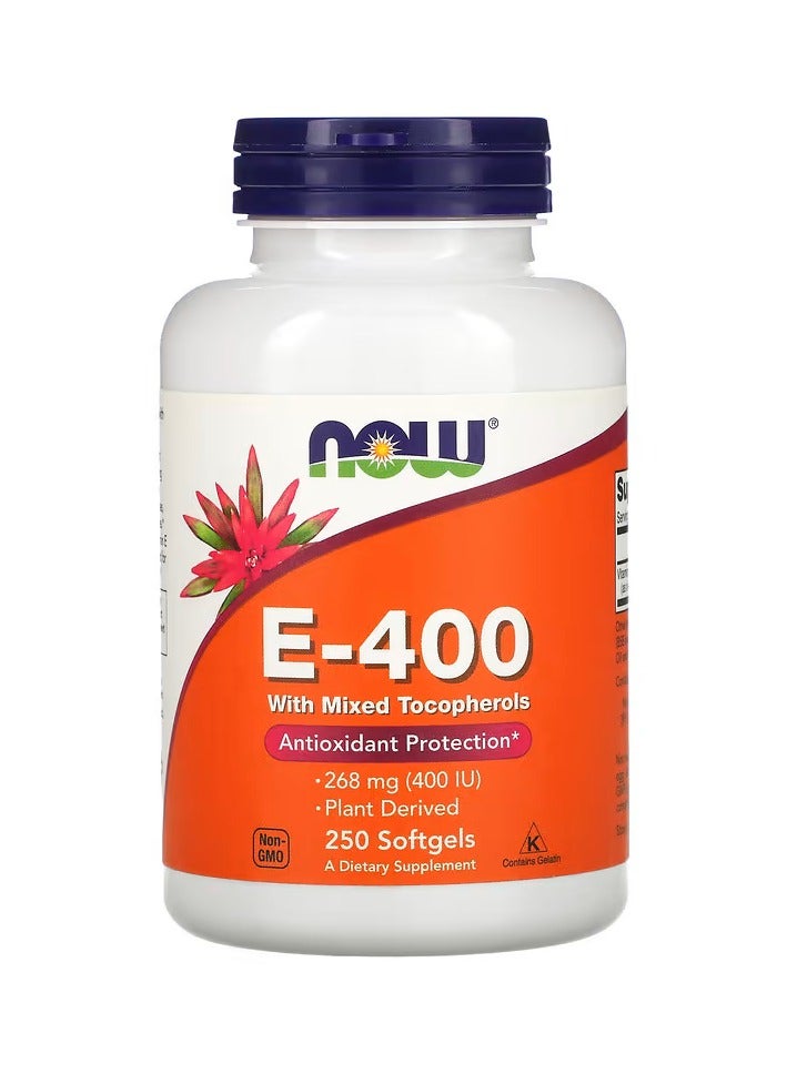 now E-400 with Mixed Tocopherols, 268 mg (400 IU), 250 Softgels - Image 1