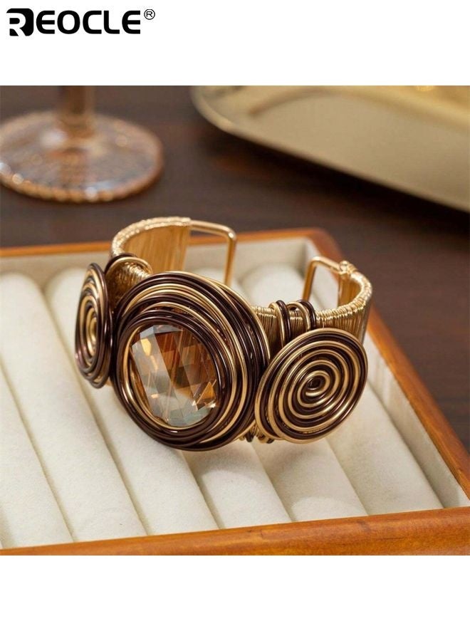 REOCLE Women's Gold Cuff Bracelet Wide Chunky Design Adjustable Bangle with Gemstone Thread Statement Thick Arm Cuff Y2K Fashion Jewelry for Chic Wrist Style - Image 2