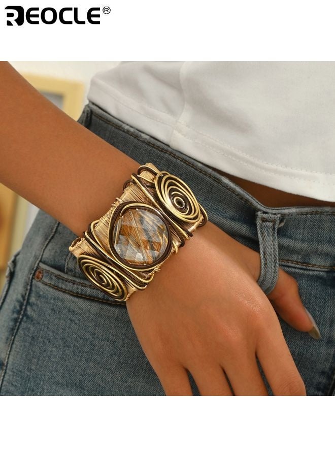 REOCLE Women's Gold Cuff Bracelet Wide Chunky Design Adjustable Bangle with Gemstone Thread Statement Thick Arm Cuff Y2K Fashion Jewelry for Chic Wrist Style - Image 4