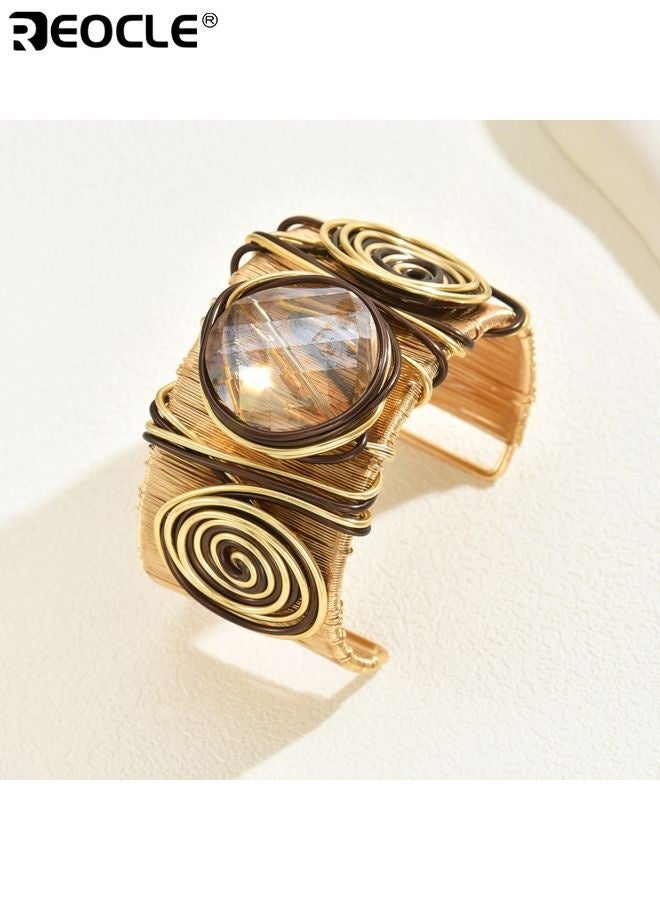 REOCLE Women's Gold Cuff Bracelet Wide Chunky Design Adjustable Bangle with Gemstone Thread Statement Thick Arm Cuff Y2K Fashion Jewelry for Chic Wrist Style - Image 3