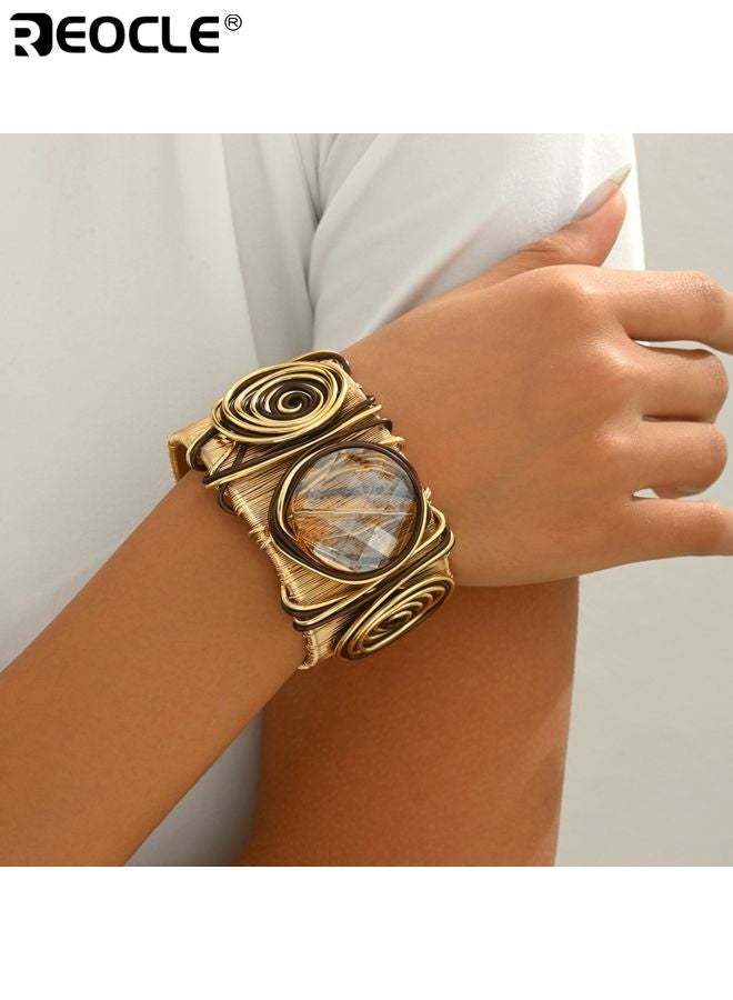 REOCLE Women's Gold Cuff Bracelet Wide Chunky Design Adjustable Bangle with Gemstone Thread Statement Thick Arm Cuff Y2K Fashion Jewelry for Chic Wrist Style - Image 5