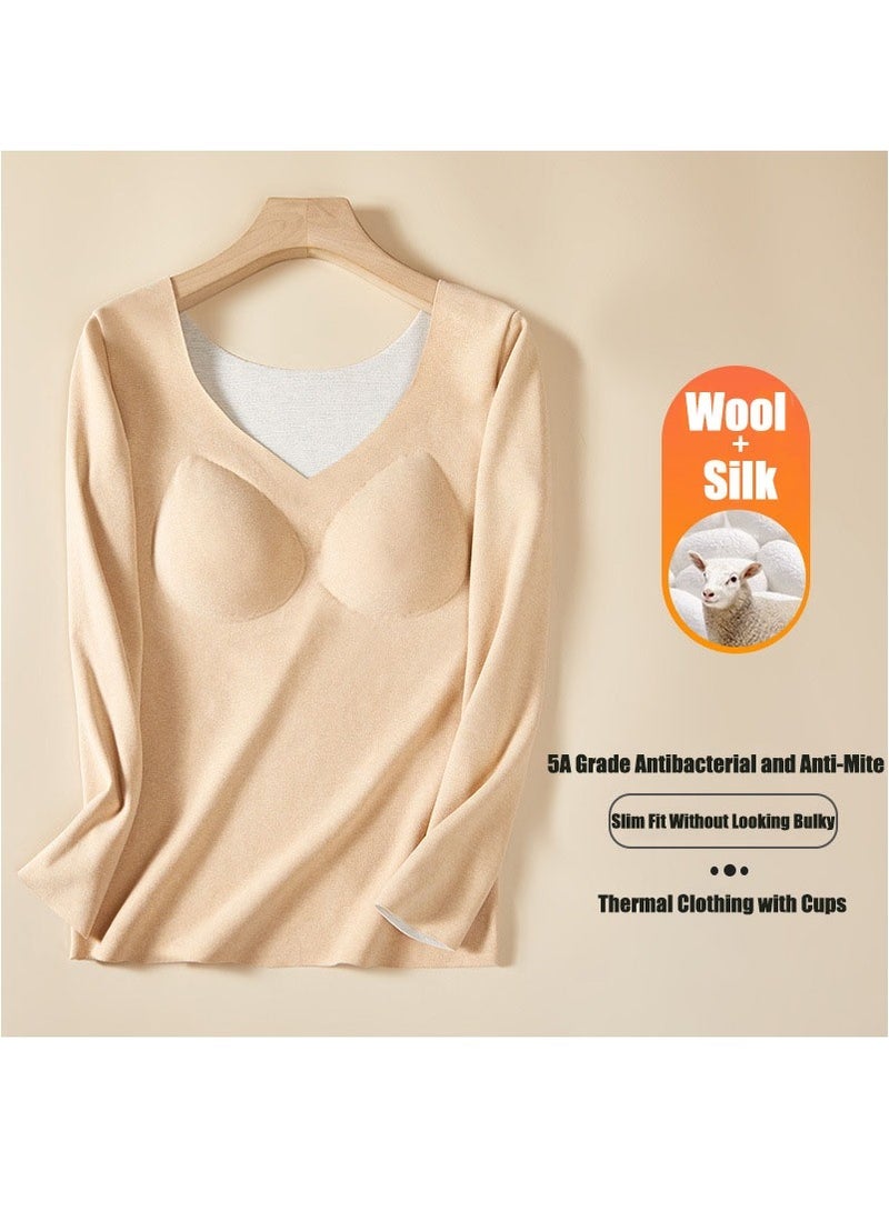 VUCATIN Cashmere Thermal Underwear Women's Autumn Trousers V-Neck Thermal Suit Long-Sleeved Base Pajamas Top and Leggings Set Base Shirt with Chest Pad Winter Cold Weather (Beige)  - Image 2