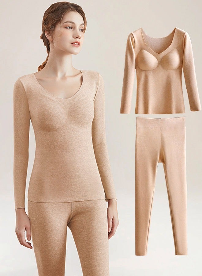 VUCATIN Cashmere Thermal Underwear Women's Autumn Trousers V-Neck Thermal Suit Long-Sleeved Base Pajamas Top and Leggings Set Base Shirt with Chest Pad Winter Cold Weather (Beige)  - Image 1
