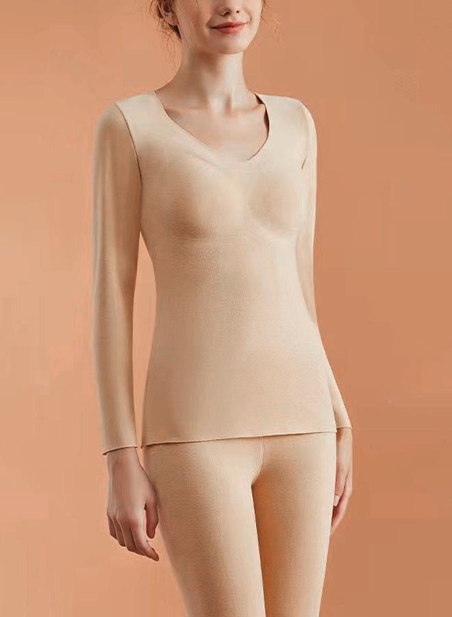 VUCATIN Cashmere Thermal Underwear Women's Autumn Trousers V-Neck Thermal Suit Long-Sleeved Base Pajamas Top and Leggings Set Base Shirt with Chest Pad Winter Cold Weather (Beige)  - Image 5