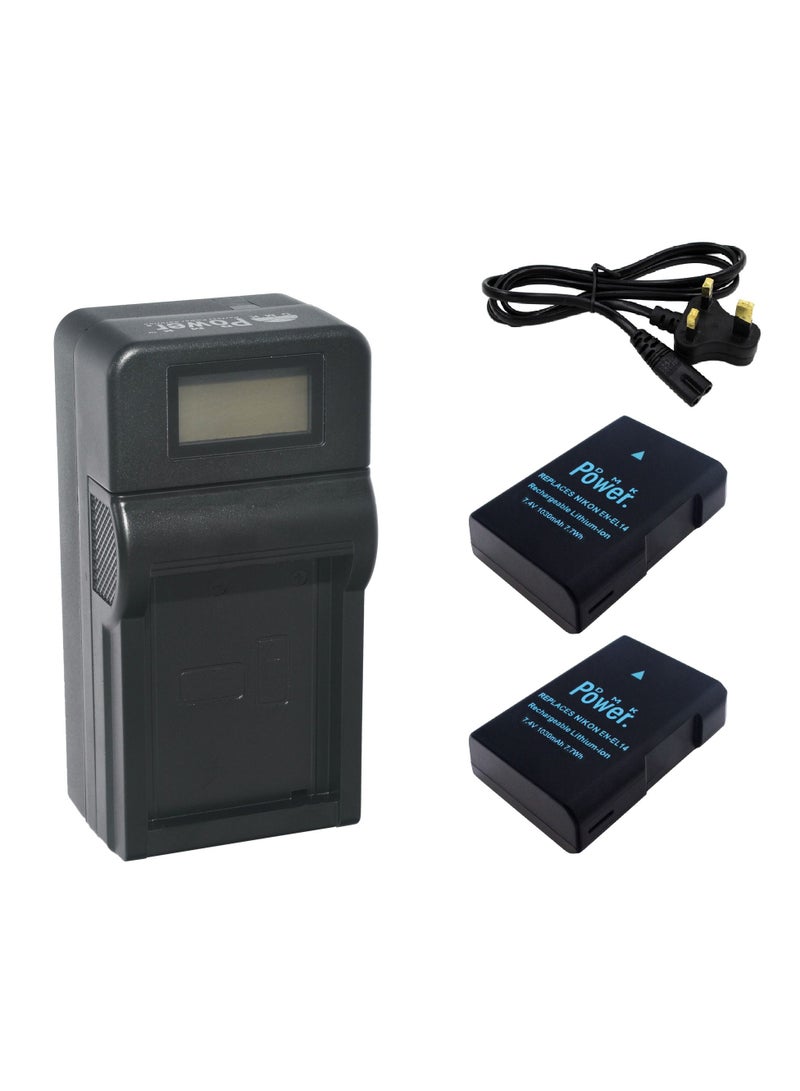 DMK Power 2 x EN-EL14 Battery 1030mAh 7.7Wh with TC1000 Battery Charger Compatible with Nikon D5600 D5500 D5200 D5300 D5100 D3400 D3300 D3200 D3100 Coolpix P7000 P7100 P7200 P7700 P7800 Cameras - Image 1