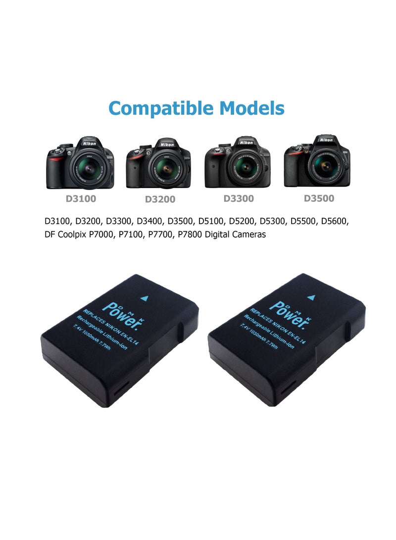 DMK Power 2 x EN-EL14 Battery 1030mAh 7.7Wh with TC1000 Battery Charger Compatible with Nikon D5600 D5500 D5200 D5300 D5100 D3400 D3300 D3200 D3100 Coolpix P7000 P7100 P7200 P7700 P7800 Cameras - Image 4
