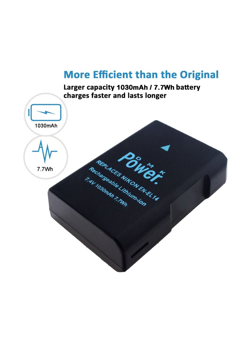 DMK Power 2 x EN-EL14 Battery 1030mAh 7.7Wh with TC1000 Battery Charger Compatible with Nikon D5600 D5500 D5200 D5300 D5100 D3400 D3300 D3200 D3100 Coolpix P7000 P7100 P7200 P7700 P7800 Cameras - Image 2