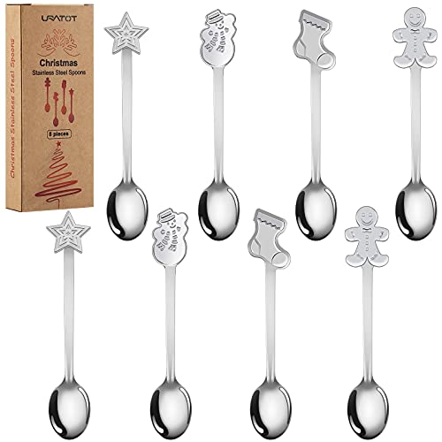 URATOT 8 Pieces Stainless Steel Christmas Spoons Coffee Tea Dessert Mixing Spoons Christmas Stocking Fillers - Image 1