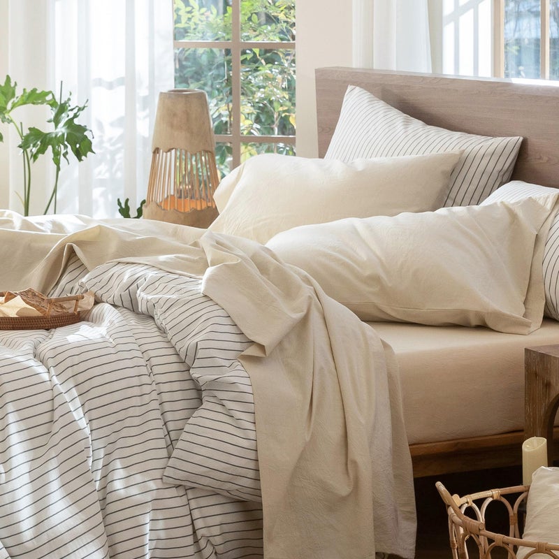 MooMee Bedding Sheet Set 100% Washed Cotton Linen Like Textured Breathable Durable Soft Comfy (Heathered Almond Milk Grey, Queen) - Image 1