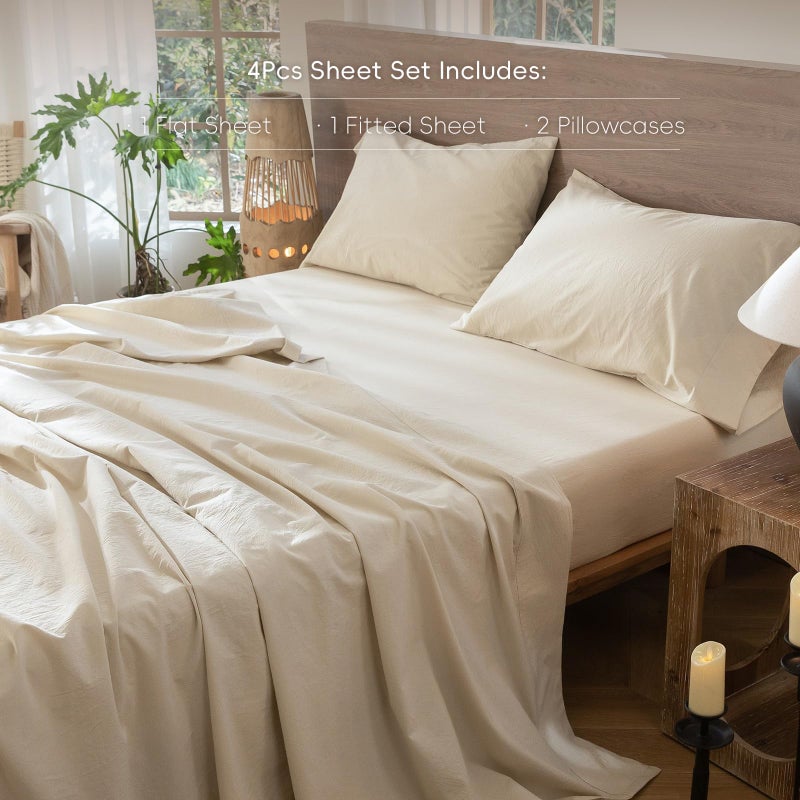 MooMee Bedding Sheet Set 100% Washed Cotton Linen Like Textured Breathable Durable Soft Comfy (Heathered Almond Milk Grey, Queen) - Image 2