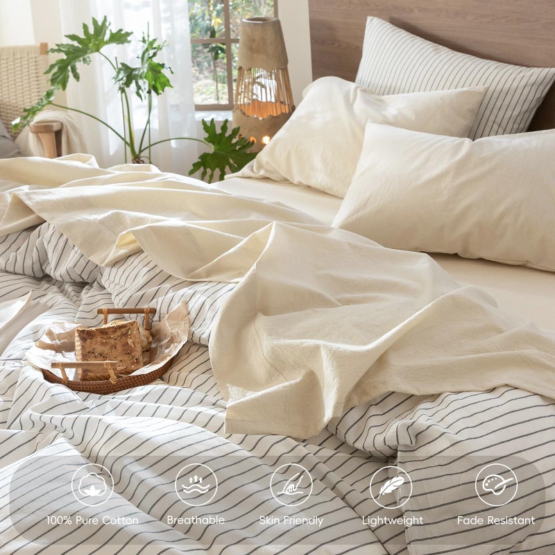 MooMee Bedding Sheet Set 100% Washed Cotton Linen Like Textured Breathable Durable Soft Comfy (Heathered Almond Milk Grey, Queen) - Image 4