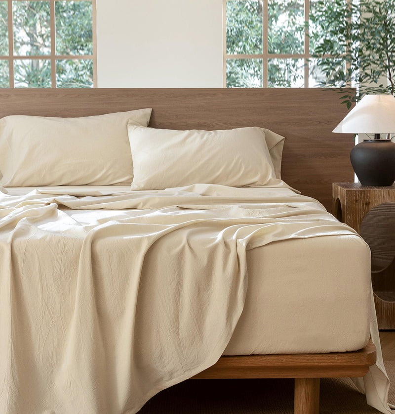 MooMee Bedding Sheet Set 100% Washed Cotton Linen Like Textured Breathable Durable Soft Comfy (Heathered Almond Milk Grey, Queen) - Image 5
