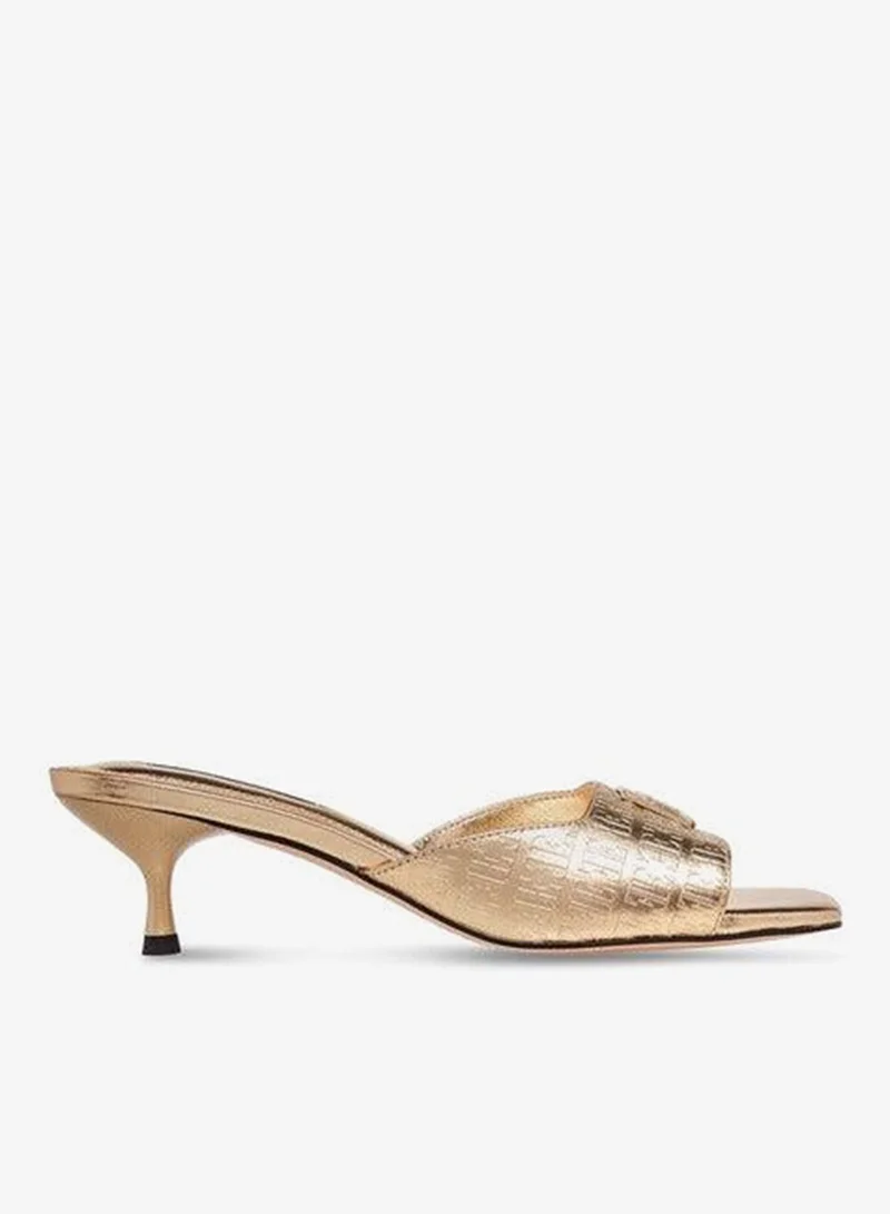 ELLE Women's Monogram Embossed Slip-On Sandals with Kitten Heels